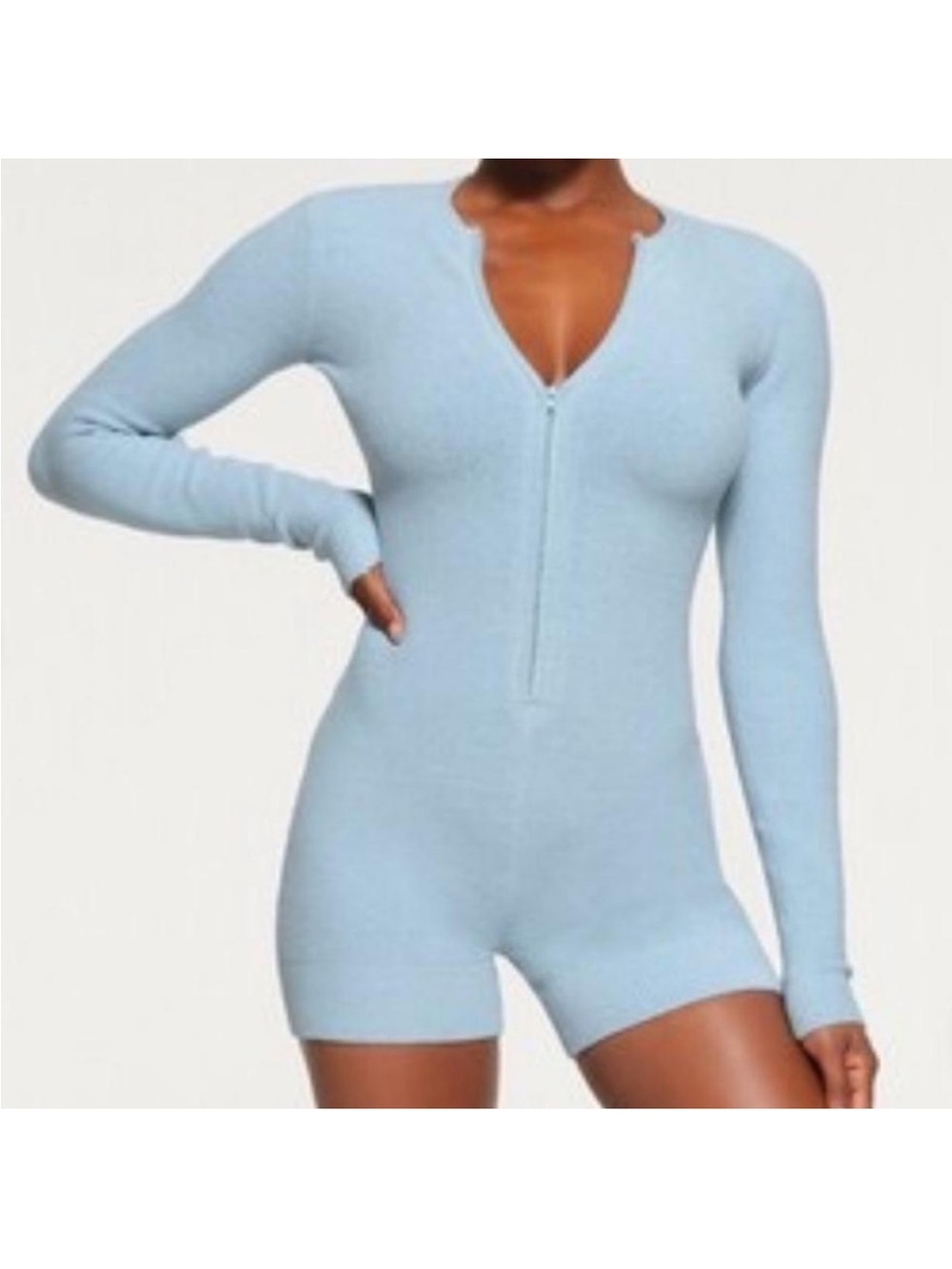 SKIMS Light Blue Long-Sleeve Zip-Front Bodysuit Romper